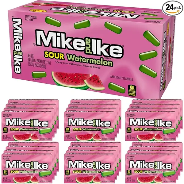 MIKE AND IKE Sour Watermelon Soft Chewy Fruit Snacks, 0.78 oz Box (Pack of 24), Low Fat Natural Sour-Sweet Food, 12-Month Shelf Life, Vending Machine Candy, Strawberry-Cherry & Corn-Wax Ingredients, No Artificial Sugar, Included Bag