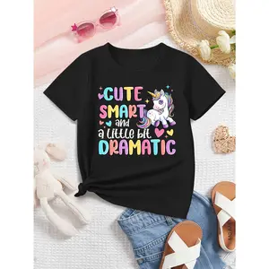 Girls' Summer T-Shirt - Cute Smart & Little Bit Dramatic Unicorn Print with Rainbow & Stars, Soft Breathable Knit Casual Round Neck Top for Playtime & Casual Attire, Unicorn Tshirt, Playtime Clothing, Whimsical Graphic Tee, Comfortable Fit