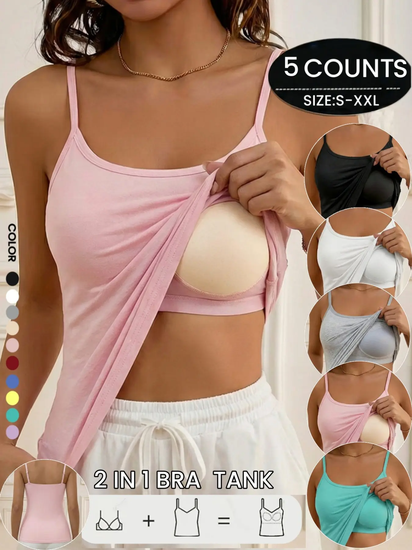Camisole Tops for Women Built in Bra Adjustable Spaghetti Strap Soft Basic Fit Undershirt Tanks Underwear Seamless Layering Tops，Womenswear Casual Solid Sleeveless Yoga Wear，All Seasons Sleeveless