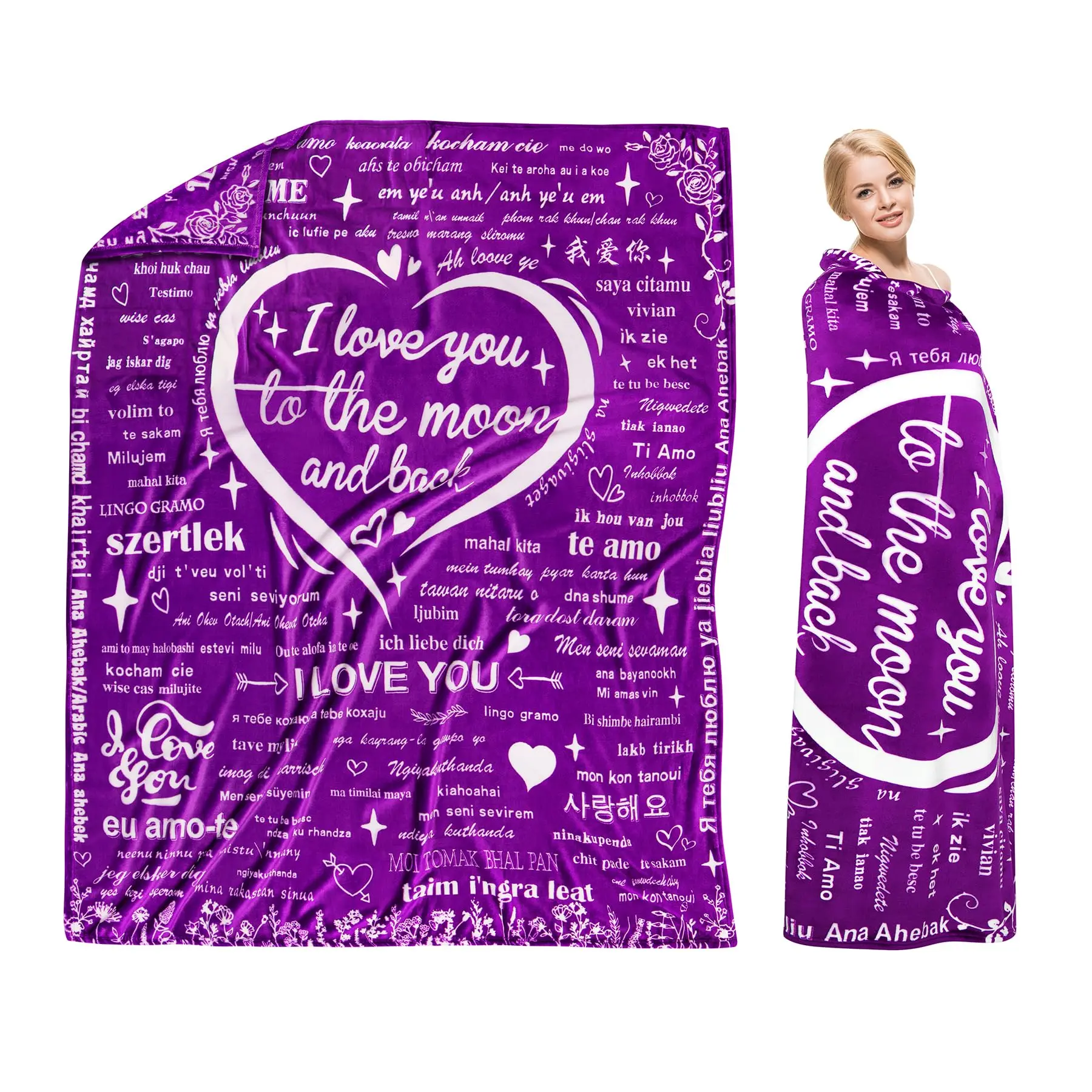 Wrinkle-Resistant Flat Weave Christmas Throw Blanket - 100% Polyester, 101cm×127cm(40x50in)/127cm×152cm(50x60in)/40-56in, 100-Language Love Message Letters, Gift for Grandparents & Children