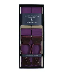 Albert Thurston Men’s Suspenders - Corinth Purple, Hand-Made in England, Nickel-Coated Brass Buckles, Fine Leather Finish, 44mm Wide, Adjustable Fit
