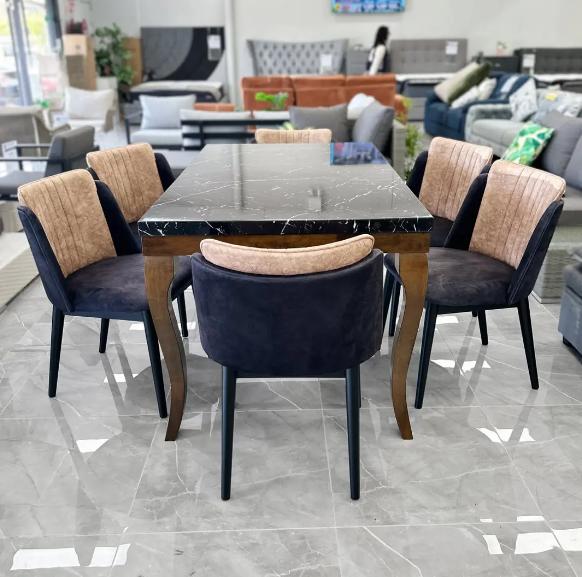 Homestar Marble Top Dining Table with 6 Fabric Chairs