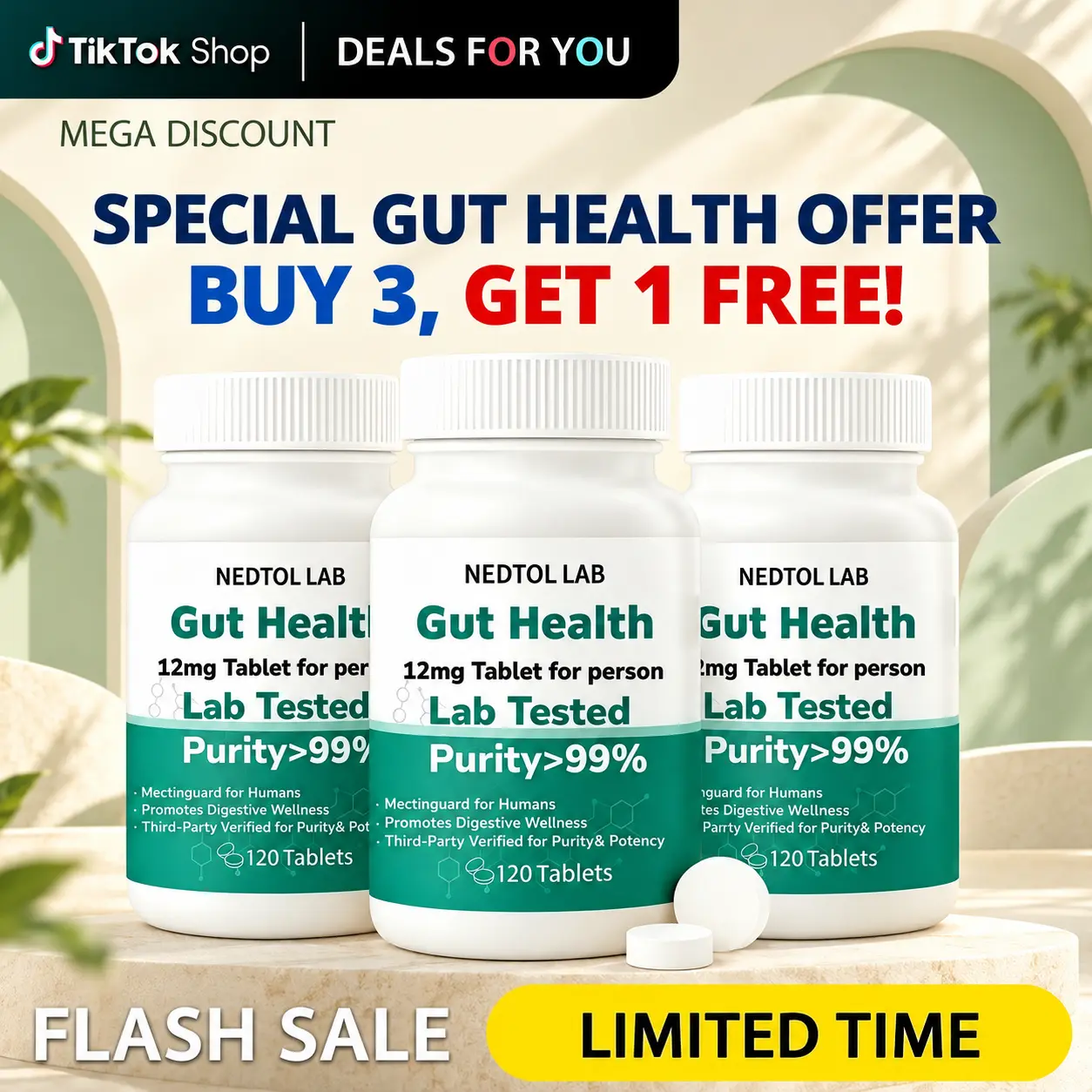 LAB IVM 12 Daily Wellness Probiotic Tablets - 99% Pure Dietary Supplement with 444mg Fen (fen444mg) for Intestinal & Digestive Support