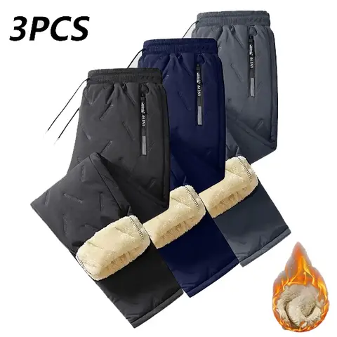 Men's Matching Casual Fitted Winter Fleece-Lined Warm-Up Pants - Adjustable Elastic Drawstring Waist, Non-Stretch Fabric, Side Pockets, Comfortable, Machine Washable, Athletic Fitness Wear (Black + Blue + Gray)