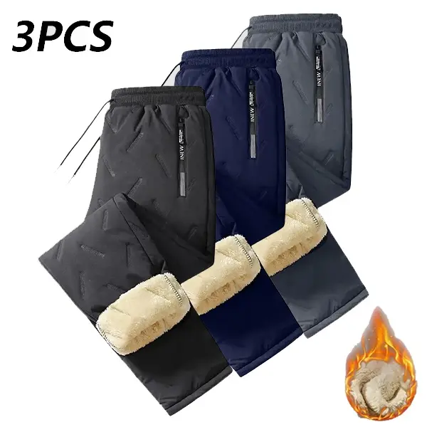 Men's Matching Casual Fitted Winter Fleece-Lined Warm-Up Pants - Adjustable Elastic Drawstring Waist, Non-Stretch Fabric, Side Pockets, Comfortable, Machine Washable, Athletic Fitness Wear (Black + Blue + Gray)