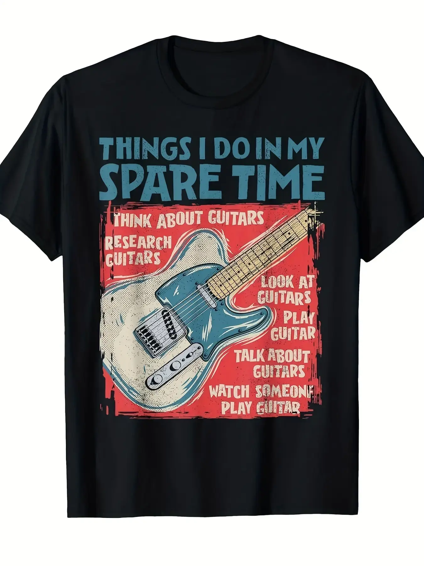 Men's Retro Electric Guitar T-Shirt - Breathable Polyester Crew Neck Tee Suitable for Music Practice Concerts & Festivals Guitar Lover Gift with "Guitar Things I Do In My Spare Time" Slogan Casual Wear for Guitarists