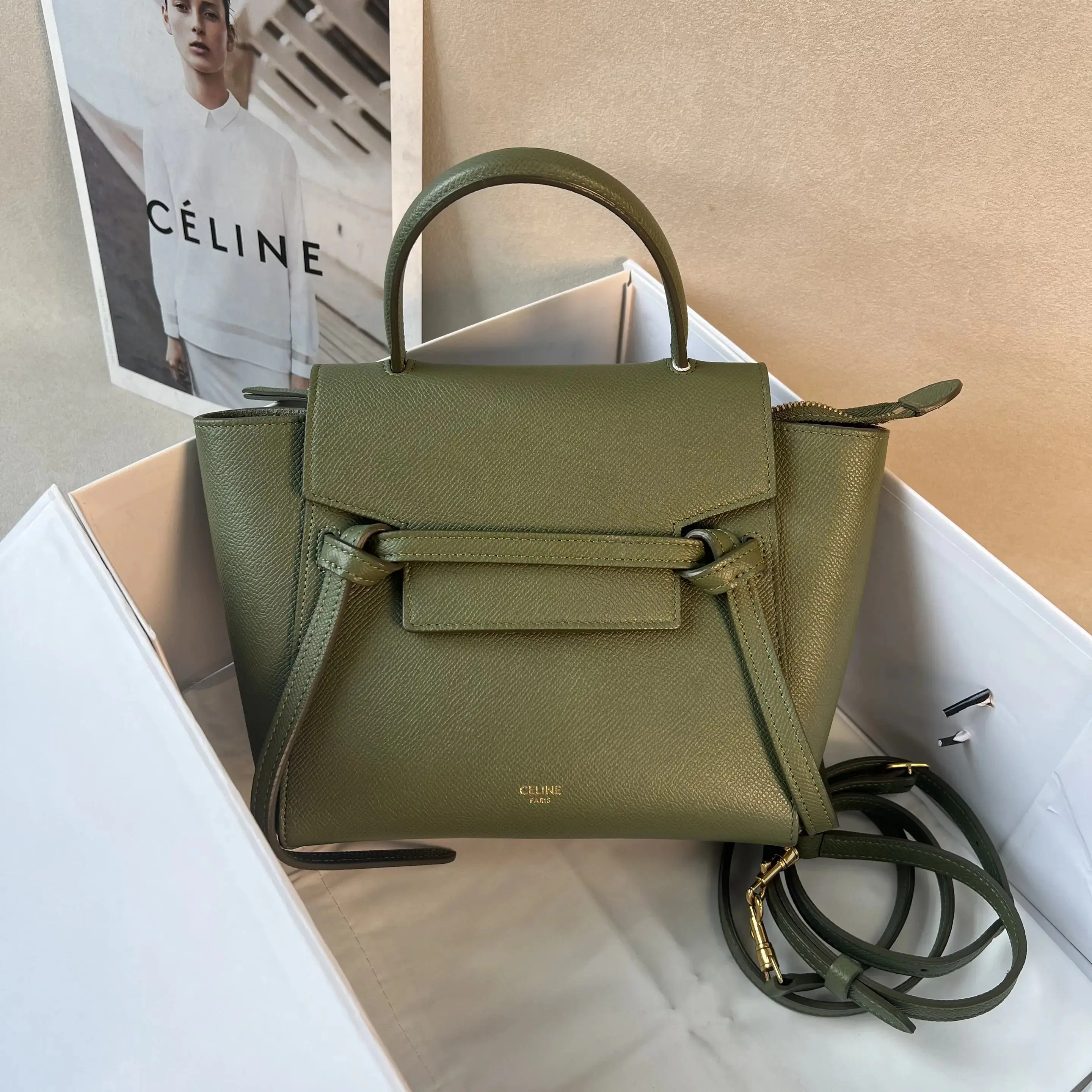Pre-owned Celine Belt Light Khaki Green Lychee Cowhide Nano Gold Buckle 0806KI/C8356613797
