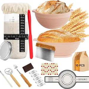 24PCS Sourdough Starter & Bread Proofing Basket Kit - Round and Oval Banneton Bakeware Set with Starter Jar, Lame, Whisk, Sling for Home Baking