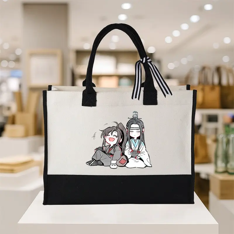 1pc Stylish Elegant Wei Wuxian & Lan Wangji Tote Bag - White with Black Handles, Cute Anime Character Design, Perfect for Work, Travel, or Daily Use, Ideal Gift, Casual Shoulder Bag | Anime Character Bag | Durable Handle Bag