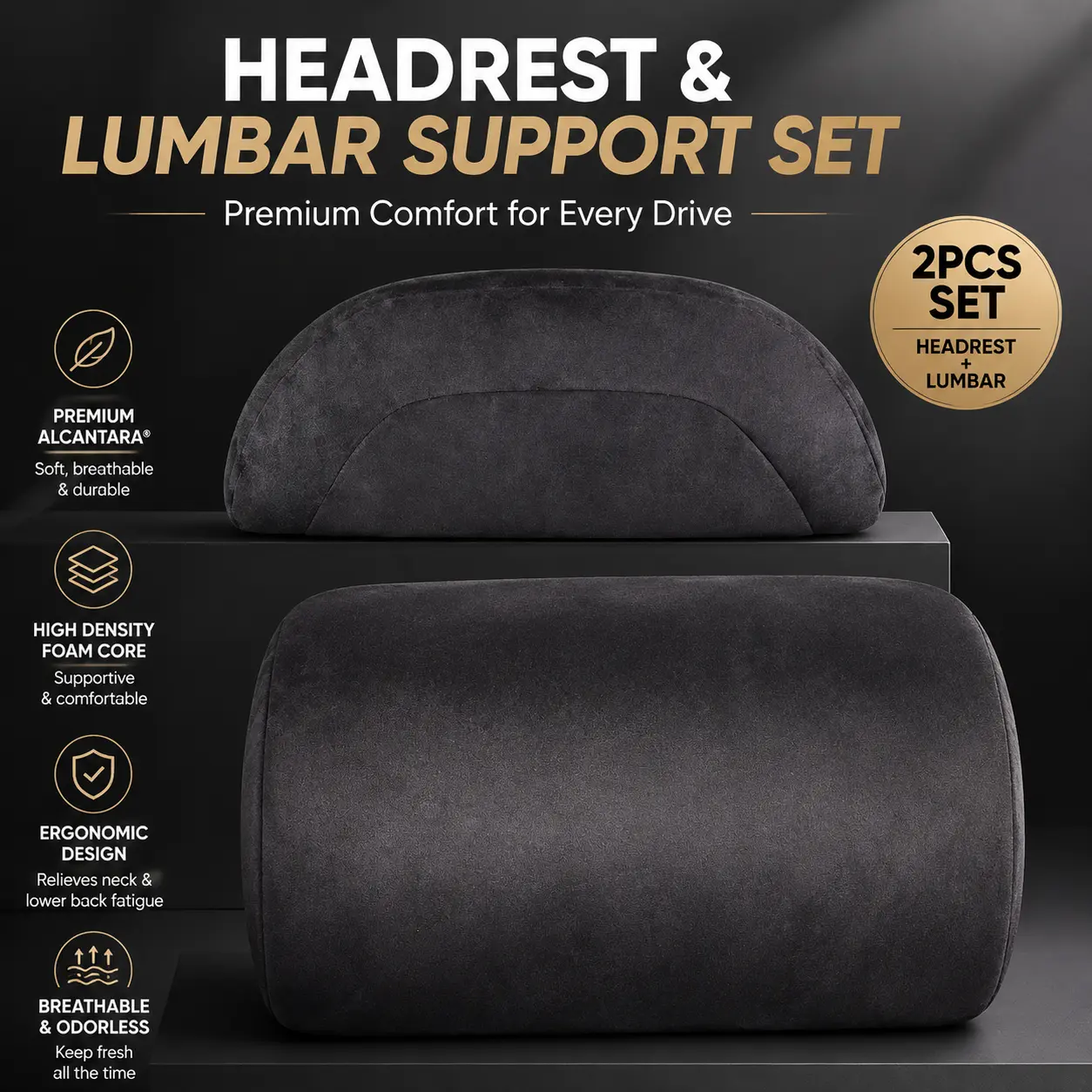 Premium Alcantara Car Neck Support Pillow, Ergonomic Headrest Cushion for Comfortable Driving
