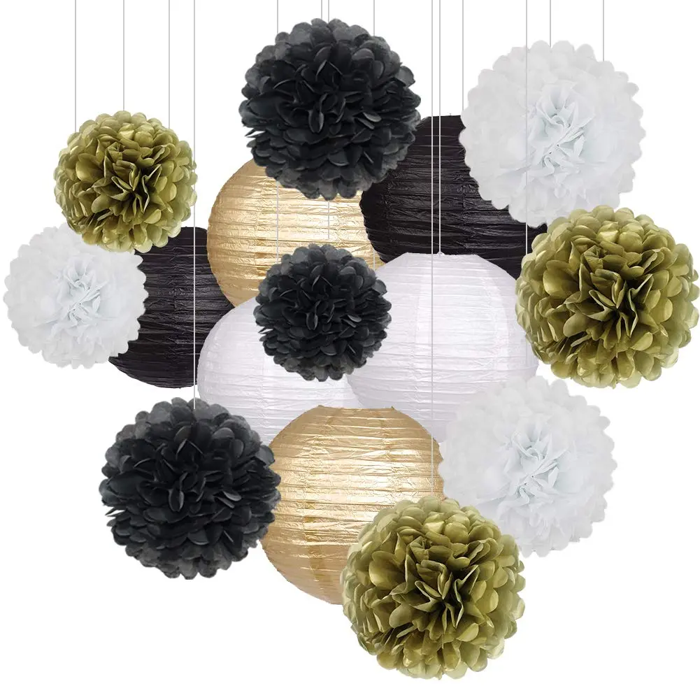 15-Piece Black and Gold Party Decor Set – Includes Paper Lanterns & Pom Pom Flowers for Birthdays, New Year, Graduation, Masquerade & More Events