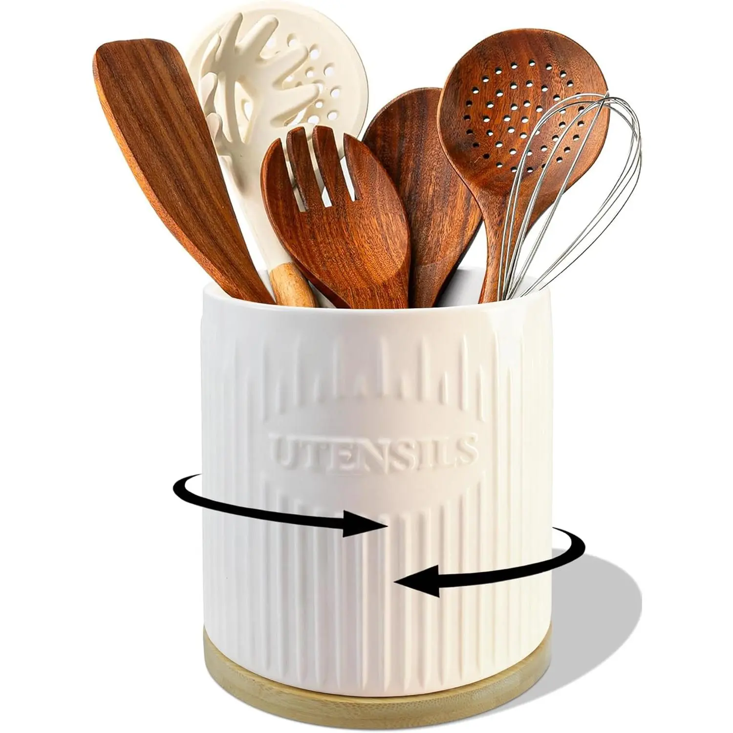 360? Rotating Utensil Holder, 7.6" Large Ceramic Kitchen Utensil Holder for Countertop with  Base,  Utensil Organizer, Farmhouse kitchen Decor, White