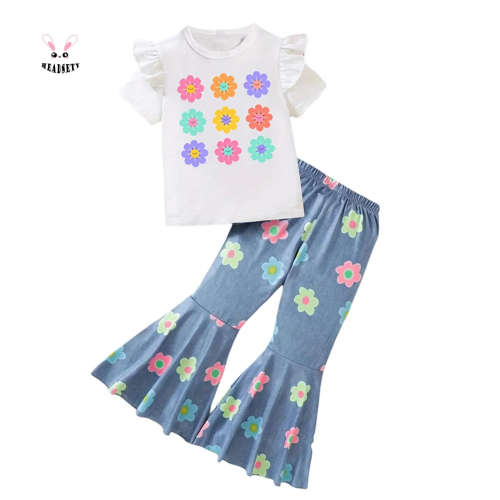 Toddler Little Girl Summer Outfit Flower Print Ruffle Short Sleeve T-shirt Denim Flare Pants 2 Pcs Set