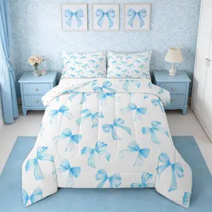 Sky Blue Bow Bedding Set for Kids Boys Girls Cute Dreamy Princess Style Comforter Set Ultra Soft Bow Pattern Comforter Sky Blue Bowknot Duvet Quilt Bedroom Decor Bow Quilt