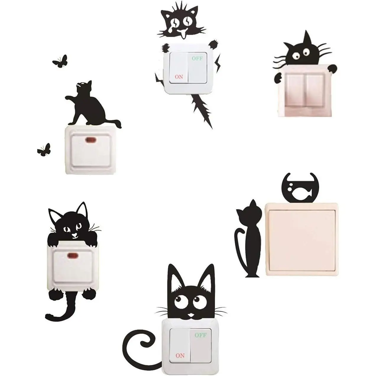 6PCS Cute Black Cat Switch Stickers | Removable Cartoon Light Switch Decals | DIY Adhesive Wall Art for Kids Room Living Room Office Home Decor