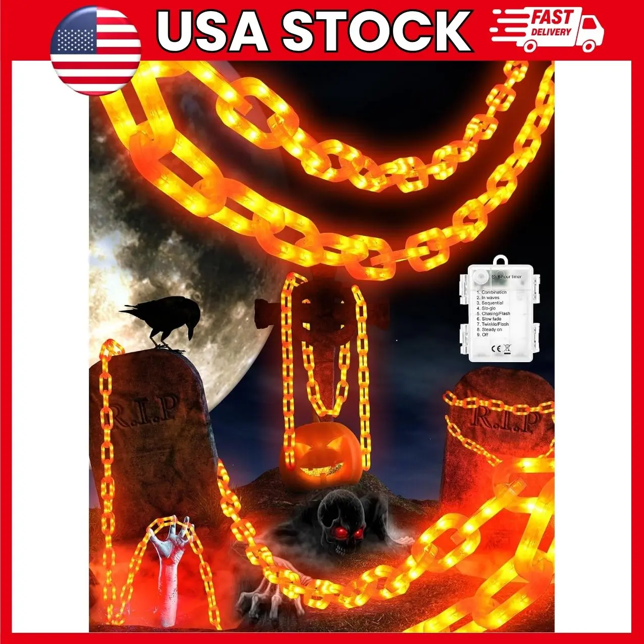 Halloween Chain Lights, 10 ft 160 LED Orange Lights, Battery Powered with 8 Lighting Modes and 6-Hour Timer, Waterproof Decorative Chain String Lights for Indoor and Outdoor Halloween Decor | halloween chain lights, halloween string lights