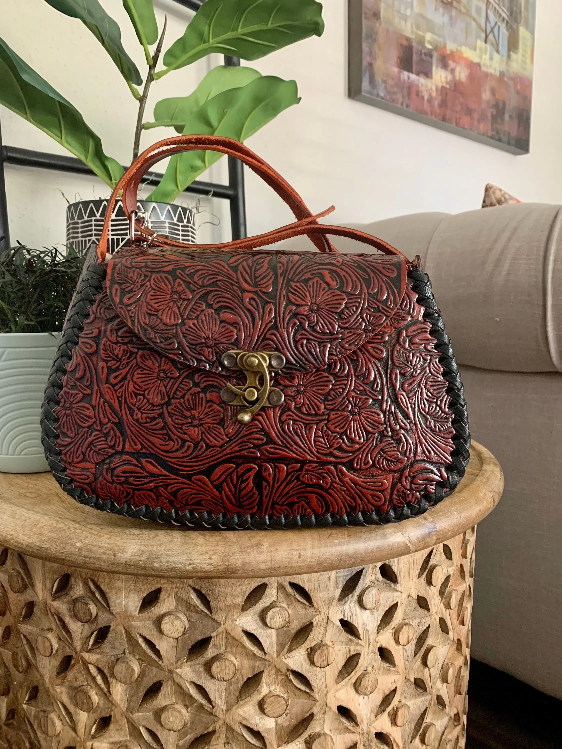 Leather Hand-Tooled Embossed Mexican Floral Handbag, Handmade Floral Rose Purse, Artesanal Bag