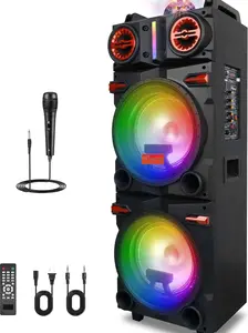 Dazone Portable Bluetooth Speaker with Dual 10" Subwoofer Wireless Rechargeable PA System Wired Microphone LED Lights TWS FM Audio Karaoke Boombox