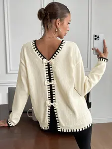 Women's Casual Bow-Knot Knitted Round Neck Pullover Sweater Knitwear, Solid Color Long Sleeve Jumper for Fall & Winter