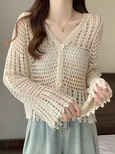Women's Plain Crochet Open Front Cardigan, Casual Long Sleeve Cardigan for Summer, Women's Knit Clothing for Daily Wear
