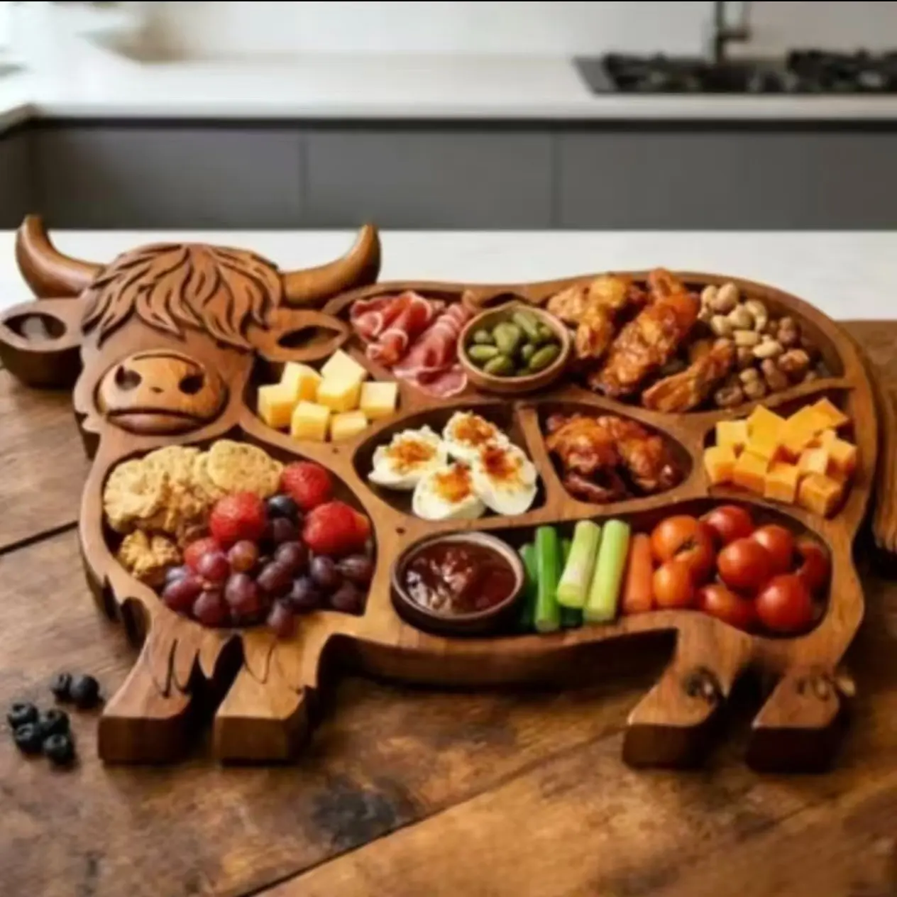 Highland Cow Wooden Charcuterie Board, Ideal for Parties, Celebrations, Festive Gatherings, Perfect Gift for Birthdays, Christmas, Halloween, Plates