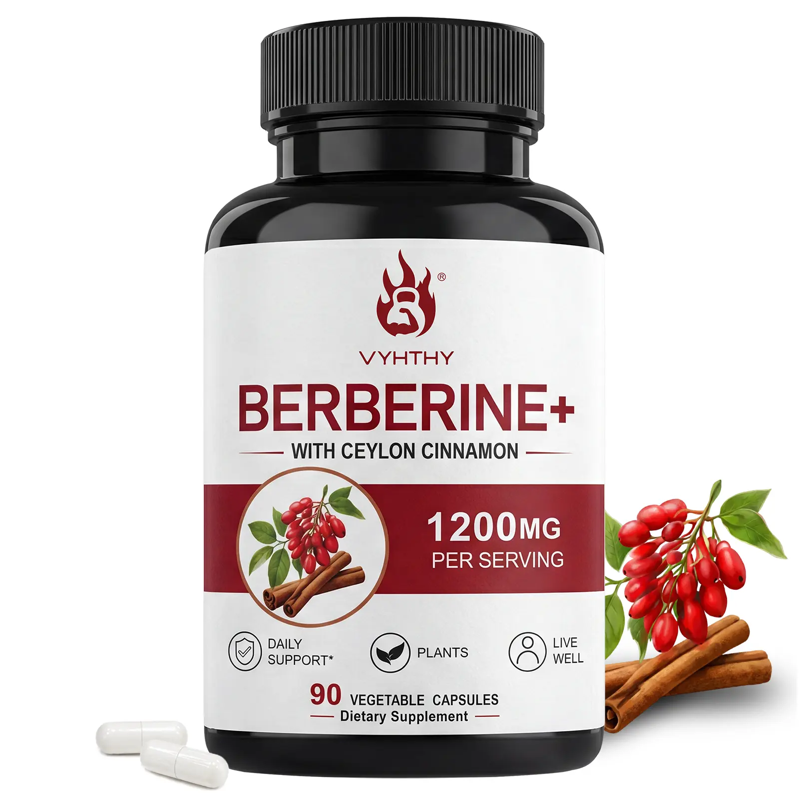 VYHTHY Berberine HCl 1200mg with Ceylon Cinnamon 100mg - Premium Berberine Supplement for Gastrointestinal Health, Proper Microbial Balance & Cognitive Support - 90 Veggie Capsules (45-Day Supply)