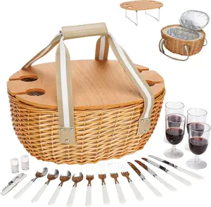 Picnic Basket for 4, Insulated Wicker Hamper with Folding Table, Willow Picnic Baskets Set with Large Insulated Cooler Bag