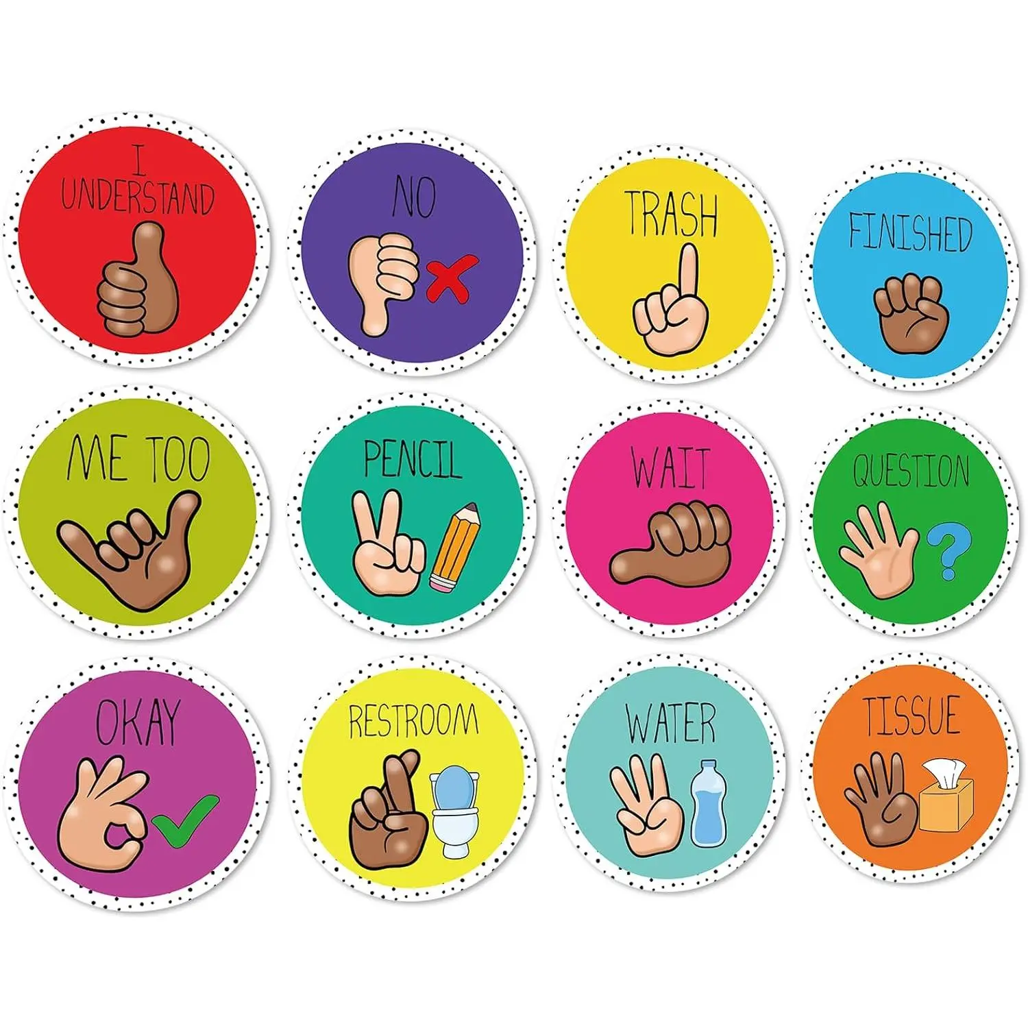 12 count Colorful Classroom Hand Signals Posters Bright Color Visual Cue Seat Signal Language Cutout for  to School  Nonverbally Communicate Bulletin Board Decor