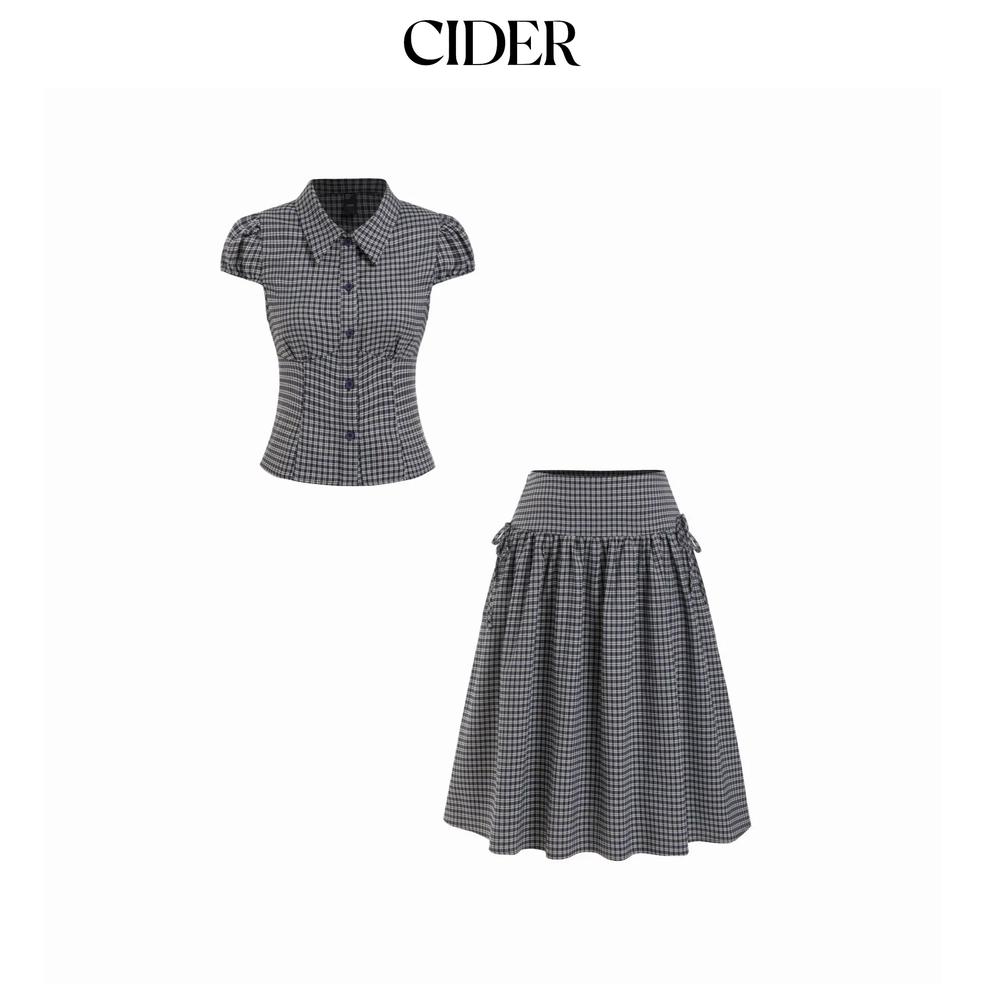 Cider Women's Gingham 2-Piece Set - Retro Top and Low Rise Ruched Midi Skirt with Drawstring Waist, Plaid