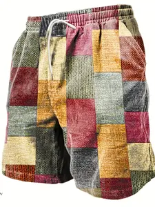 Men's Fashion 3D Color Block Plaid Print Beach Shorts, Drawstring Shorts, Lightweight, Comfortable, and Versatile Men's Shorts, Casual Bottoms, Suitable for Summer Vacations, Beach Activities, Surfing, etc., Summer Clothing