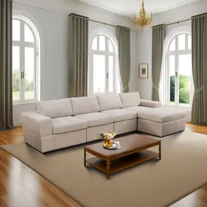 Stylish Off-White Corduroy 5-Piece Sofa Set, Durable Modern Living Room Couch Collection