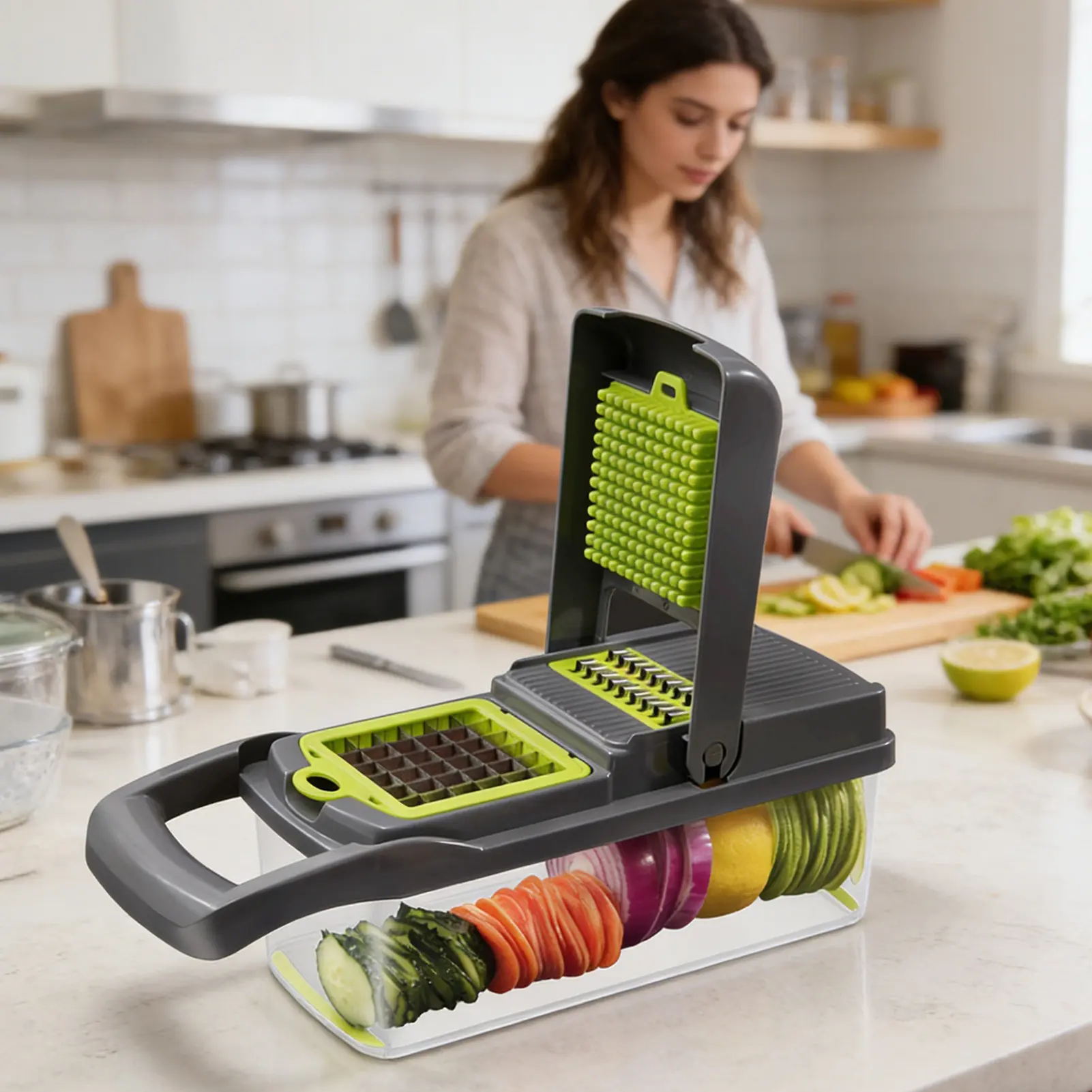 Manual Vegetable Chopper with 1.5L Container - Kitchen Dicer, Slicer, Utensils for Potatoes, Tomatoes, Cucumbers, Vegetable Dicer, Kitchen Vegetable Slicer
