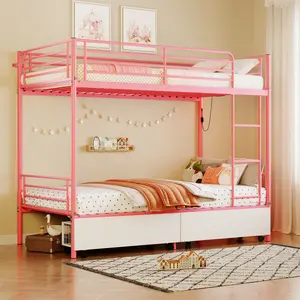 Eyisean Twin/Full Size Modern Metal Bunk Bed, Space-Saving Able to Split Loft Bed with USB Charging Station & Storage Drawers, LED Lights, Heavy-Duty Safety Beds Frame with Guardrails & Ladder, No Box Spring Needed, Easy Assembly for Bedroom