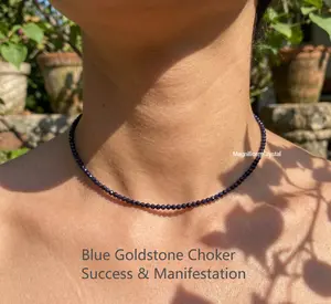 Genuine Blue Goldstone Choker Healing Spiritual Manifestation Crystal Women Gift