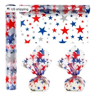 Whaline Patriotic Cellophane Wrap Roll 100ft x 16In 2.5Mil Red Gray Blue Stars Cellophane Paper 4th of July Crystal Clear Cello Wrapping Paper for Independence Day Treats Gifts Basket Party Favor