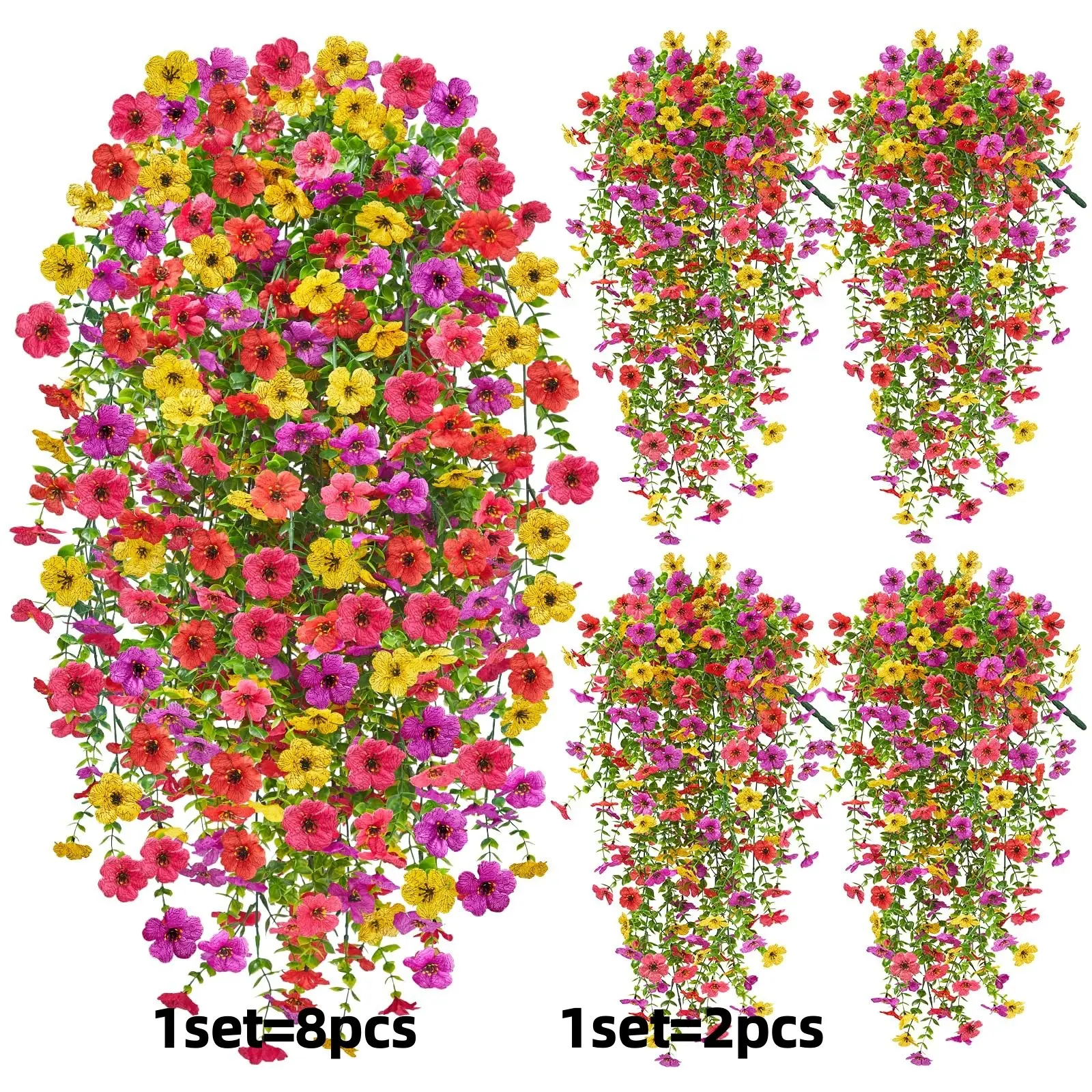 Artificial Hanging Flowers for Outdoors, Artificial Flower Garland, 8pcs Set UV Resistant Silk Fake Plants Vines, Spring Summer Artificial Flower Decorations Fake Floral Decor for Patio Porch Front Yard Window Garden