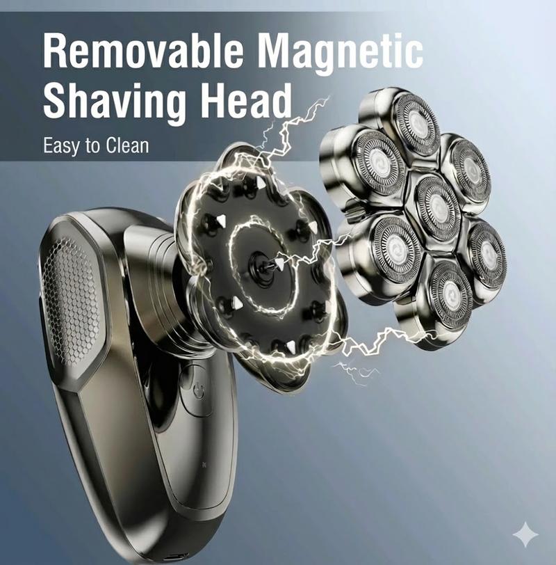 FLITOK Electric Head & Face Shaver for Bald Men 6-in-1 Waterproof IPX7 7D Magnetic Razor Type-C Fast Charge LCD Screen Nose Trimmer & Face Brush Kit Travel Ready