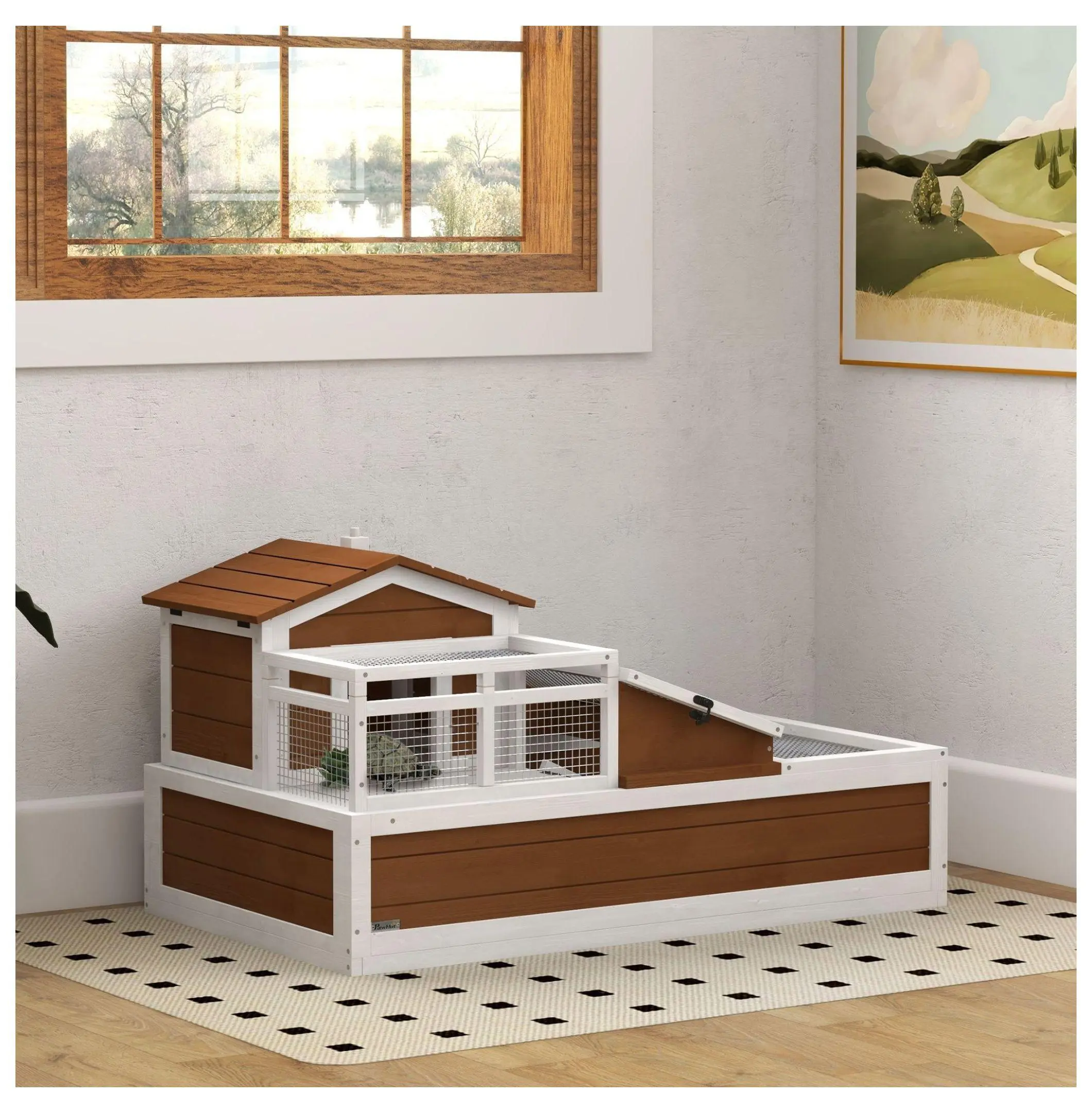 Coffee Color 3-Room Wooden Tortoise Habitat w/ Balcony, 44x25.5x23.5in Reptile Enclosure - Indoor Use, Mesh Roofing, Openable Tops, Plastic Tray, Water-Resistant Outdoor Paint