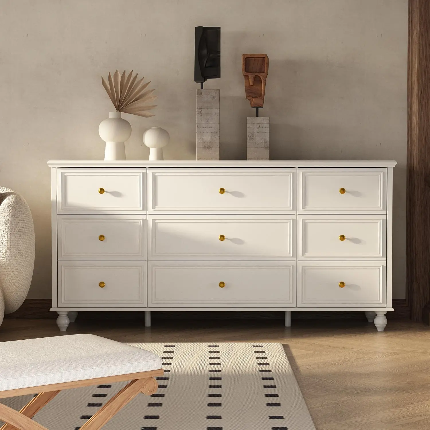 FUFU&GAGA Chest of Drawers White Dresser 9 Drawer Dresser Modern Chest Dresser with Gold Metal Handles & Wooden Legs