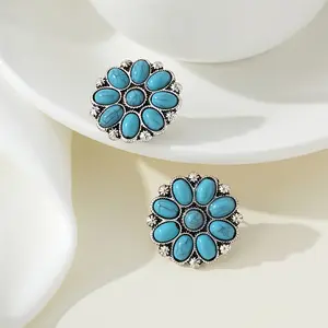 Boho-Chic Turquoise Flower Stud Earrings - Vintage-Inspired, Zinc Alloy with Synthetic Pine Stone, Perfect for Everyday & Party Wear