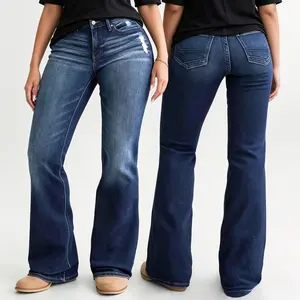 Women's Low‑Mid Rise Vintage Washed Flare Bootcut Jeans, Front Distressed Ripped Slim Fit Back Pocket Decor Casual Streetwear Denim Pants