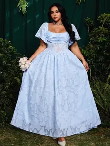Plus Size Square Neck Ruffle Sleeve Cutout Jacquard Chiffon Elegant Vintage Cute Dress, Suitable For Vacation, Party, Gathering