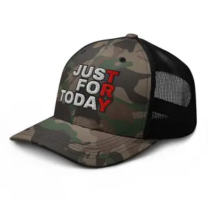 NX Just for Today Camo Trucker Hat Embroidered Curved Bill Low Crown Adjustable Sobriety Anniversary Sober AA NA Recovery Cap