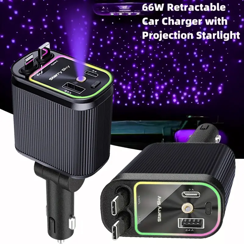 Star Projector Feature Headliner Car Charger 4-in-1 car charger Vehicle &  Travel Dual Ports for iPhone Retractable Charger Built-in Starlight  Projector