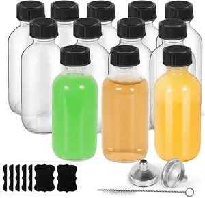 12Pack 2oz Glass Bottles with Lids Funnels, Brush, Labels- Leakproof 60 ml Boston Round Containers for Ginger Shots, Juice & Vanilla Extract- Mini Travel Size