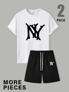 Men's Summer Fashion Casual Wear Short Sleeve Shorts American Street Style Set Printed with Personalized Letter Patterns Summer Personalized Two Piece Set Outfit