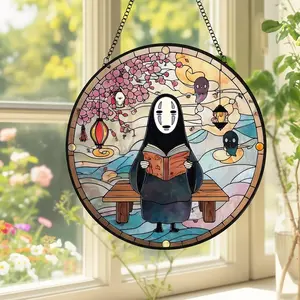 No-Face Reading Stained Glass Suncatcher, Ghibli Window Hanging Decor, Gift For Book Lover