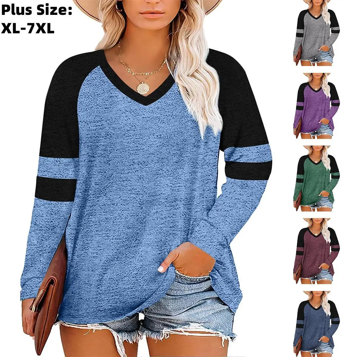 【1XL-7XL】Plus Size Curve imily bela curve Women's Plus Size Tops Striped Long Sleeve V neck T Shirts Color Block Casual Tunics Tee baseball Shirt