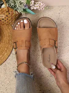 Women's Brown Open Toe Slide Sandals with Buckle Decor #WomenSandals #BuckleSlides #OpenToeSlides #CorkSoleSlides #SummerSlides