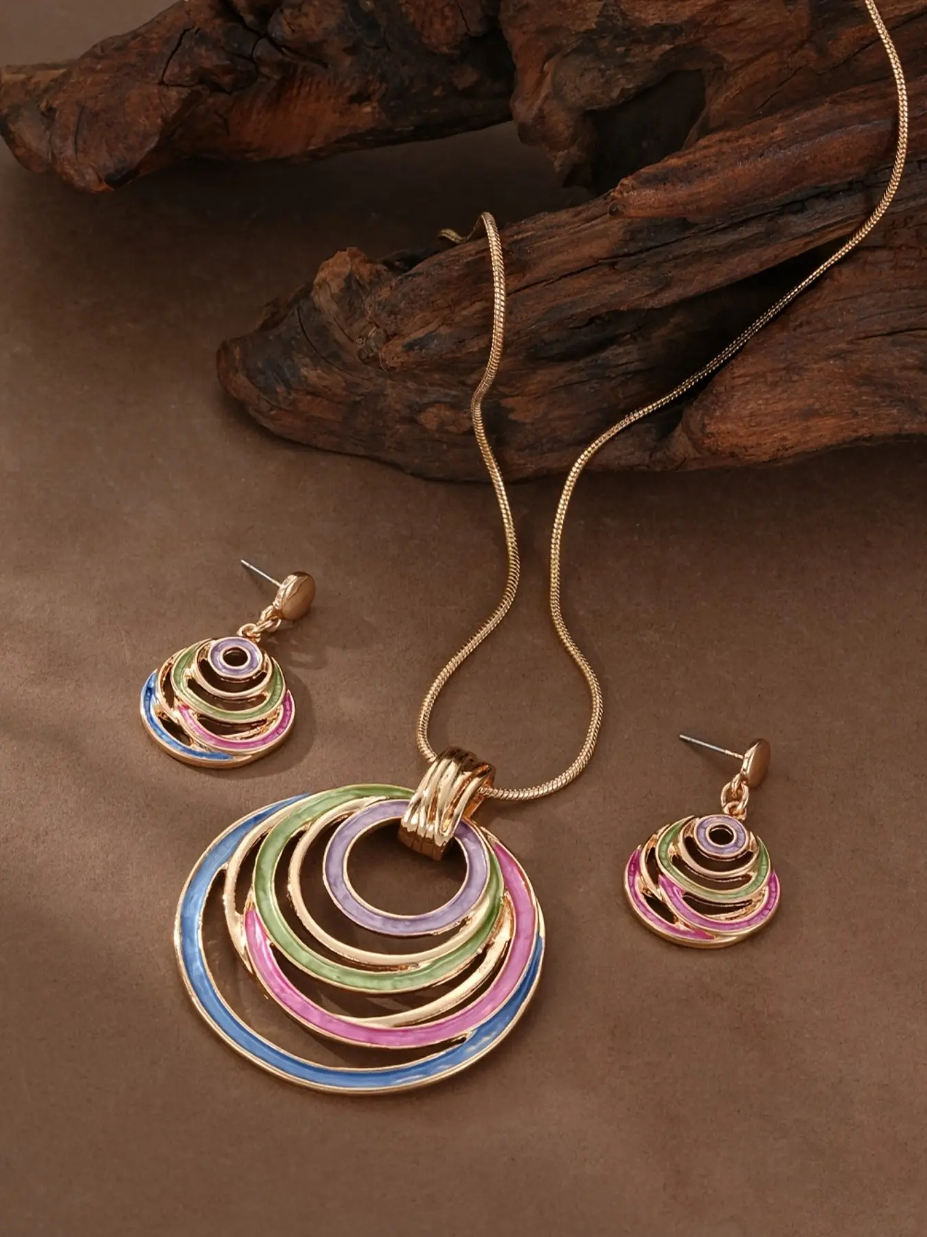 Boho Vintage Rainbow Color Hollow Circle Pendant Necklace Earrings Set, Retro Women's Fashion Party Jewelry, 3-Piece Accessory Kit